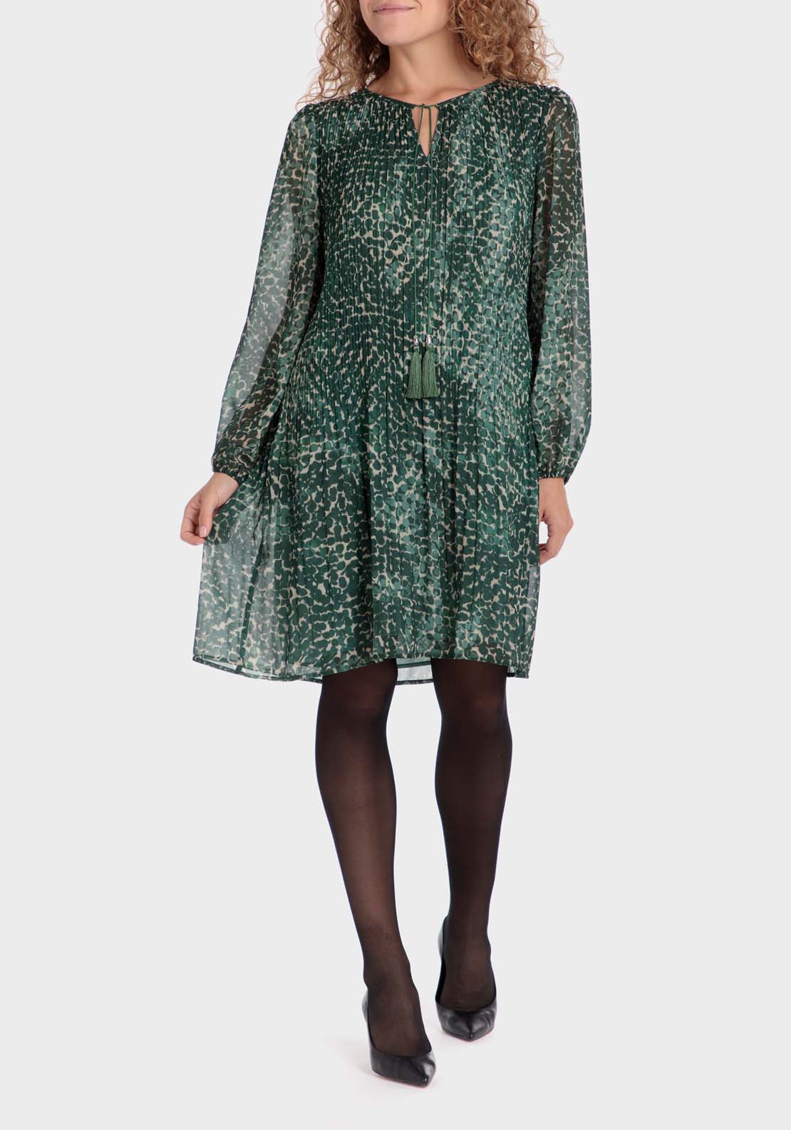 Punt Roma Pleated Printed Dress - Green 1 Shaws Department Stores