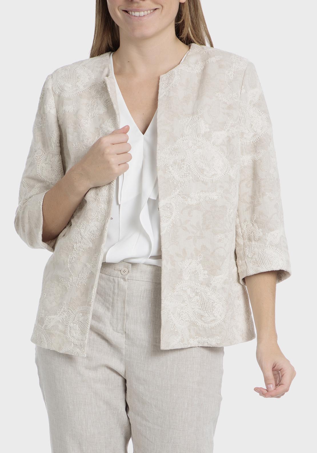 Punt Roma Embroidered Linen Jacket - Beige 1 Shaws Department Stores