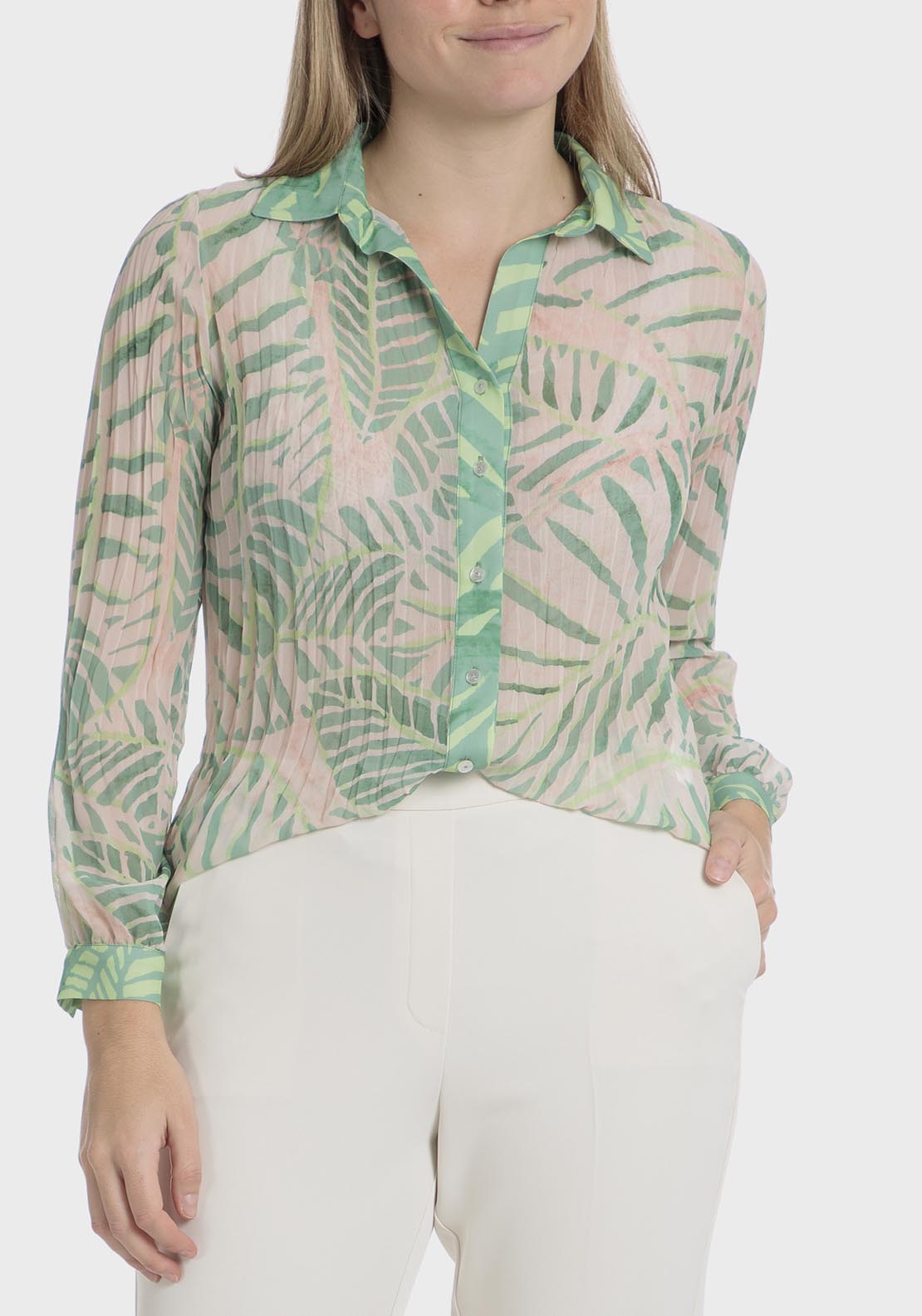 Punt Roma Printed Pleated Shirt - Green 1 Shaws Department Stores
