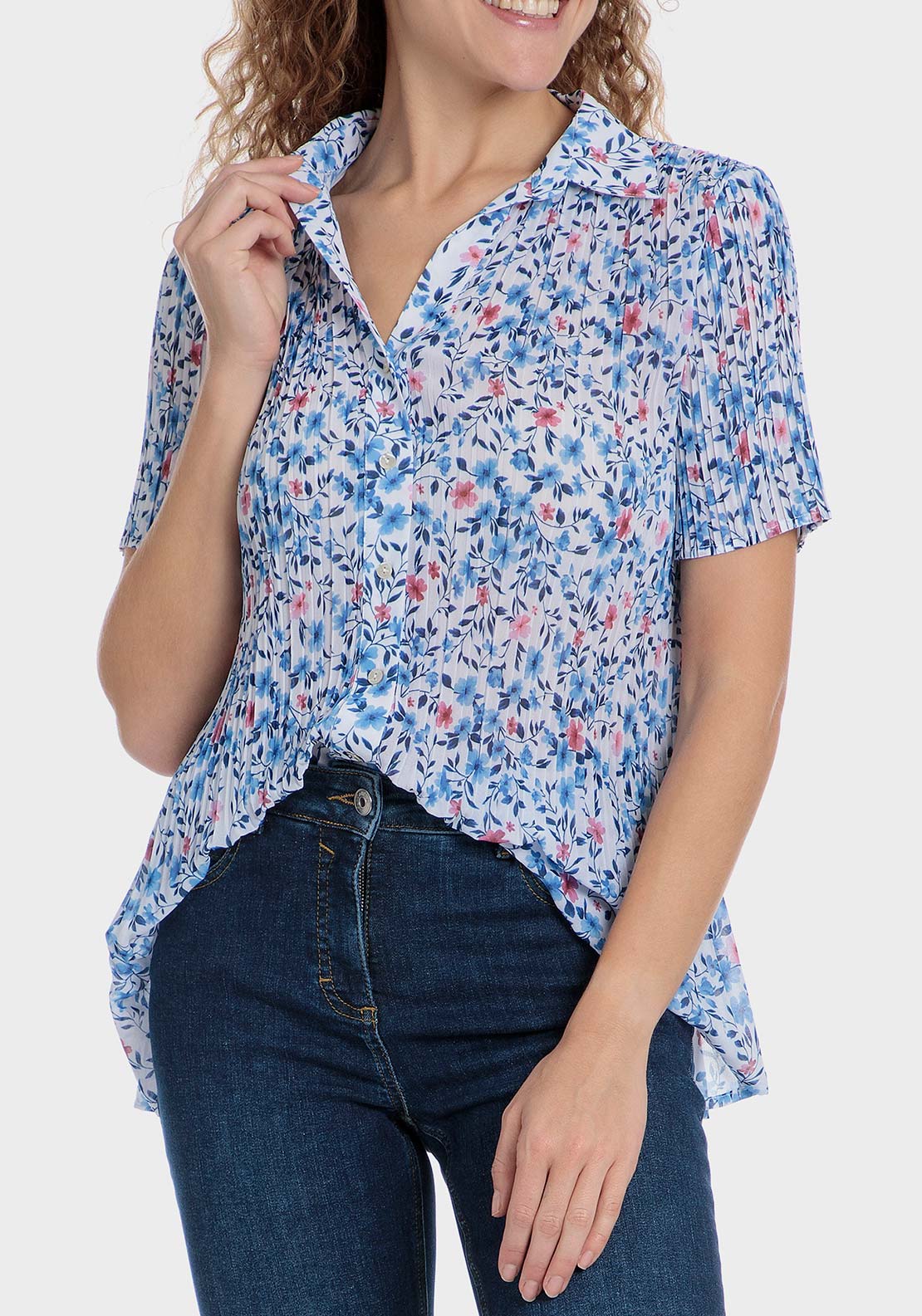 Punt Roma Floral pleated shirt - Blue 1 Shaws Department Stores