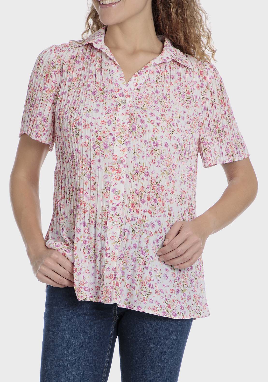 Punt Roma Floral pleated shirt - Fuchsia 1 Shaws Department Stores