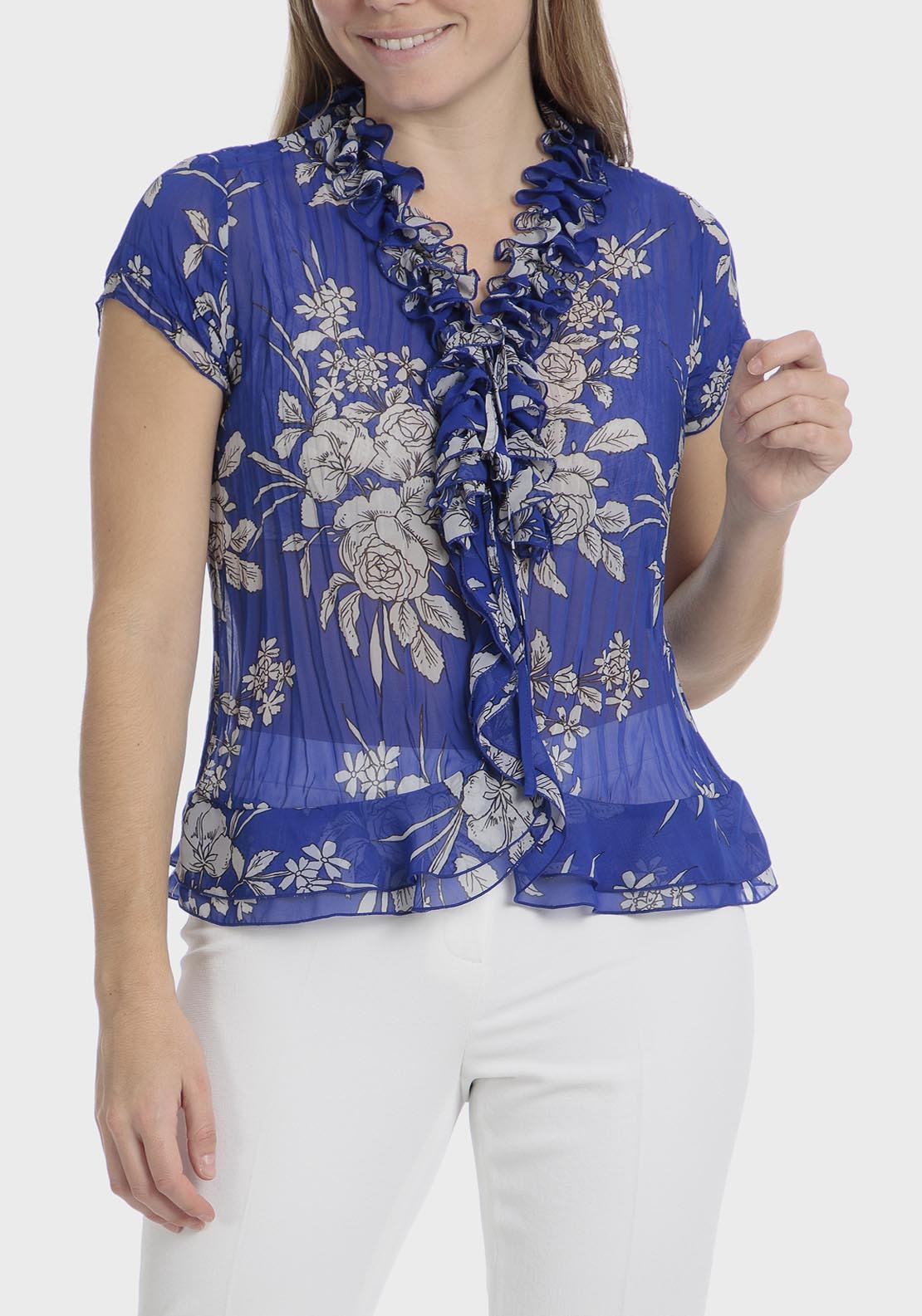 Punt Roma Printed pleated shirt - Blue 5 Shaws Department Stores