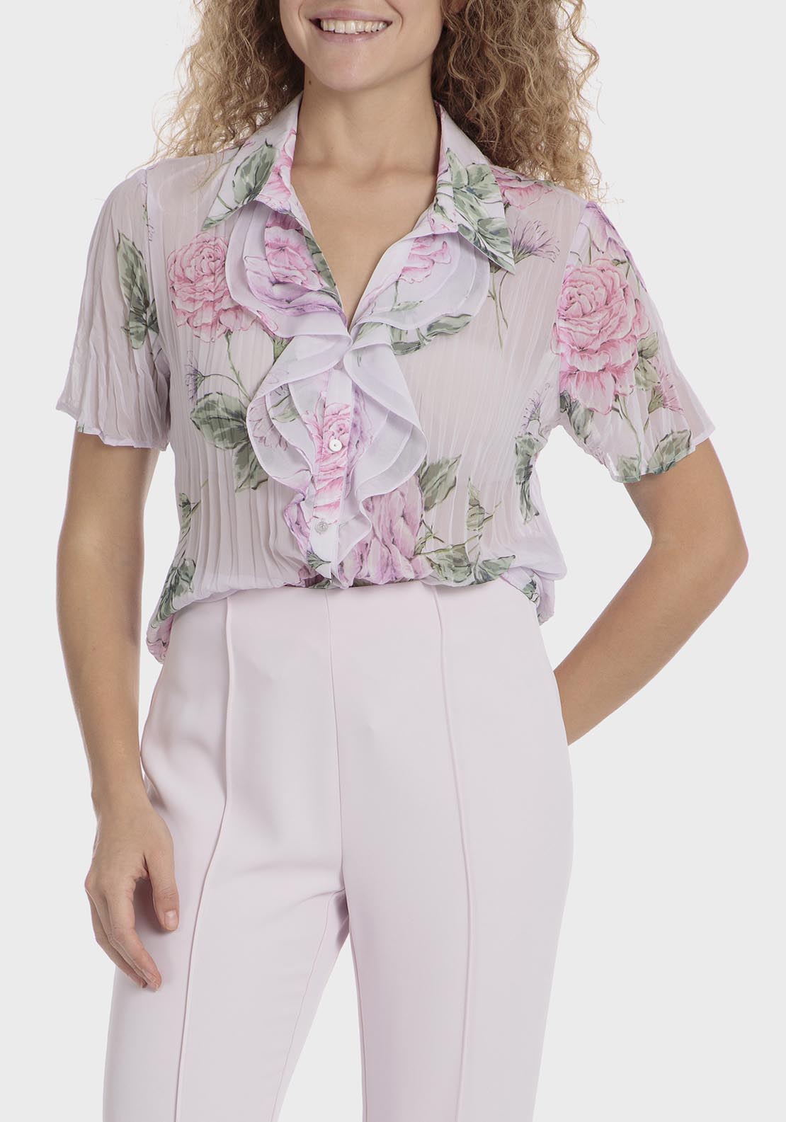 Punt Roma Printed Pleated Shirt - Pink 1 Shaws Department Stores