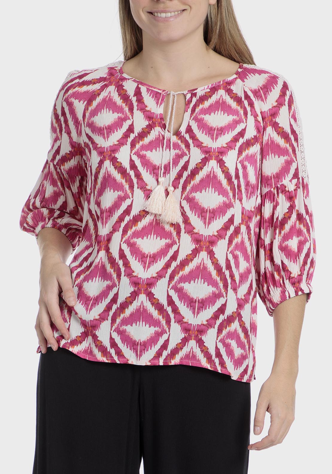 Punt Roma Printed Loose Fitting Blouse - Fuchsia 1 Shaws Department Stores