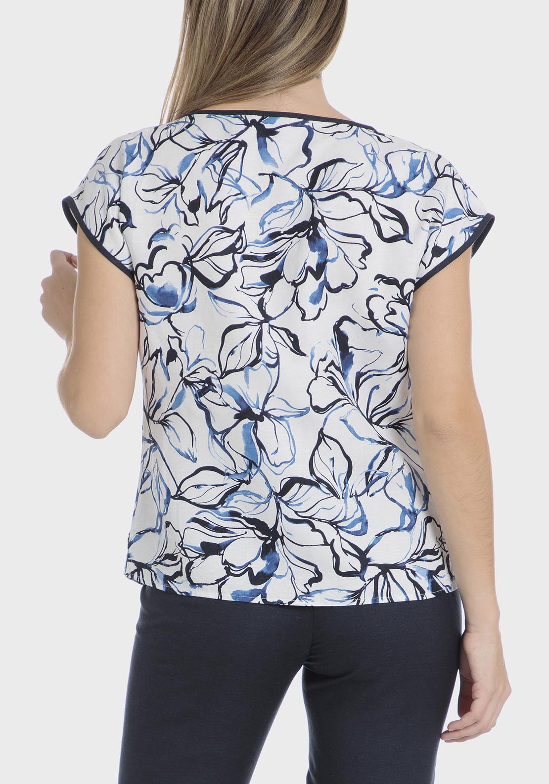 Punt Roma Printed Linen Blend Blouse - Blue / Navy 2 Shaws Department Stores