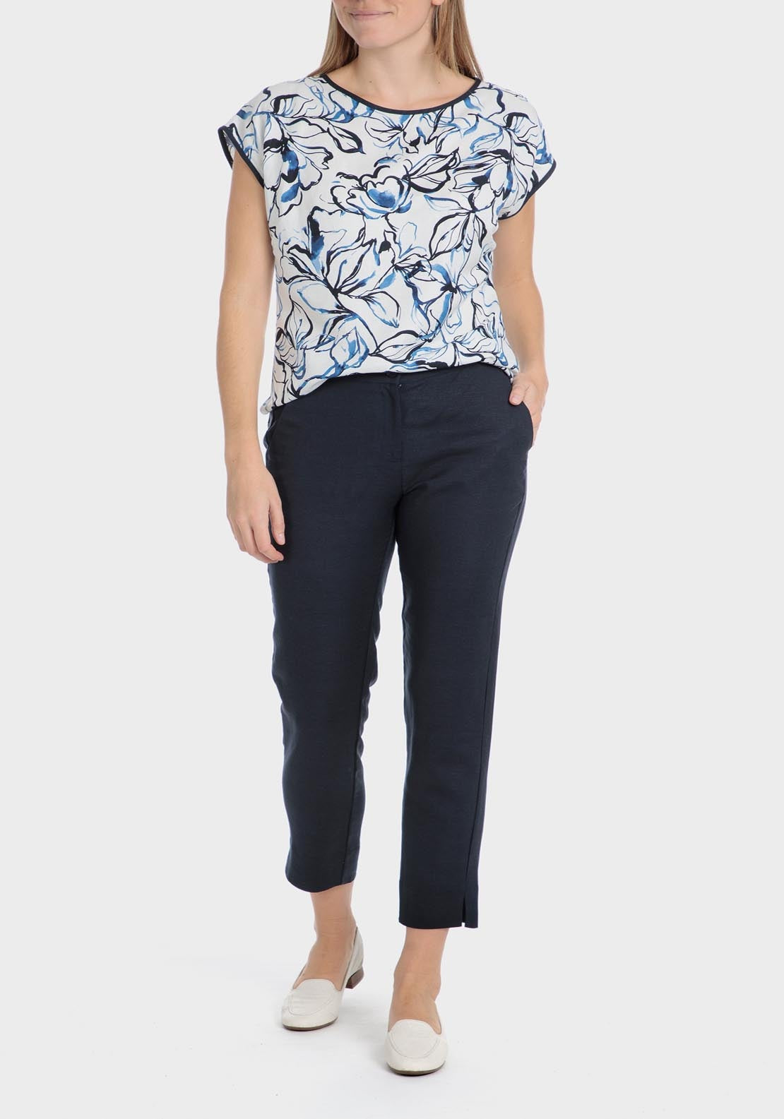 Punt Roma Printed Linen Blend Blouse - Blue / Navy 3 Shaws Department Stores