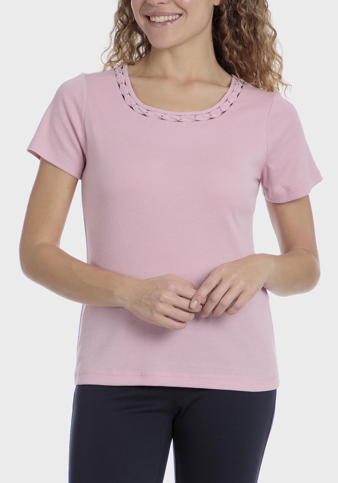 Punt Roma Basic T-Shirt With Gemstones - Pink 1 Shaws Department Stores