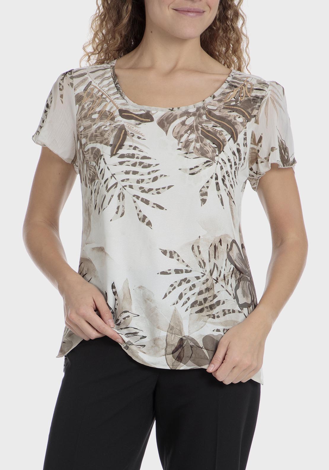 Punt Roma Round Neck Leaf Printed T-Shirt - Beige 1 Shaws Department Stores