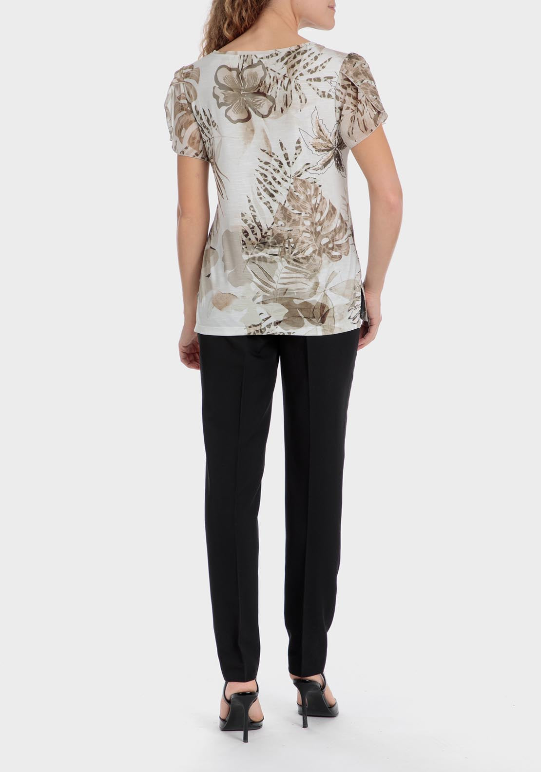 Punt Roma Round Neck Leaf Printed T-Shirt - Beige 4 Shaws Department Stores