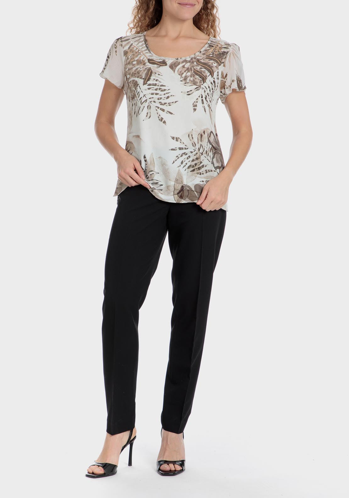 Punt Roma Round Neck Leaf Printed T-Shirt - Beige 3 Shaws Department Stores