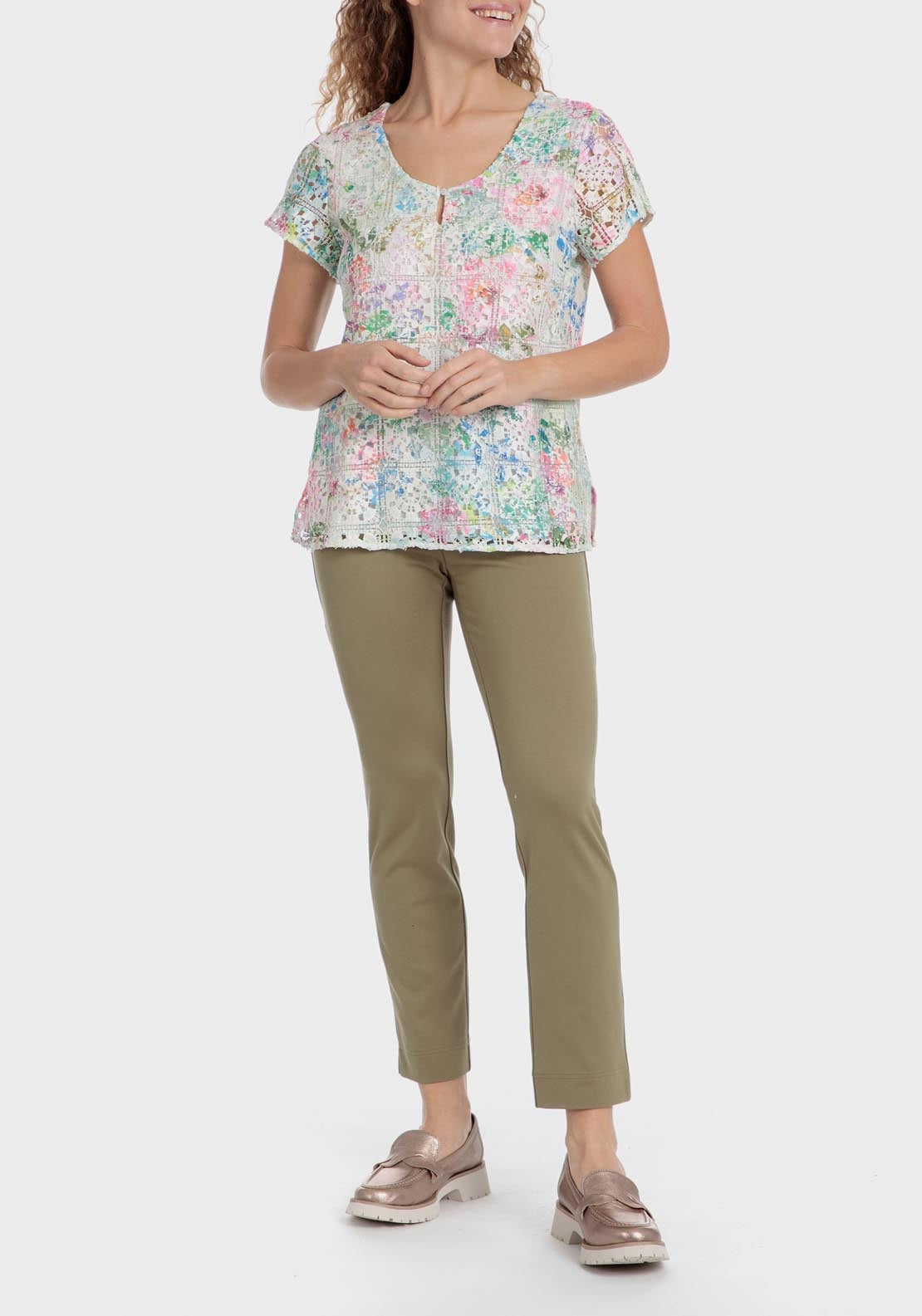 Punt Roma Printed Crochet T-Shirt - Green 3 Shaws Department Stores