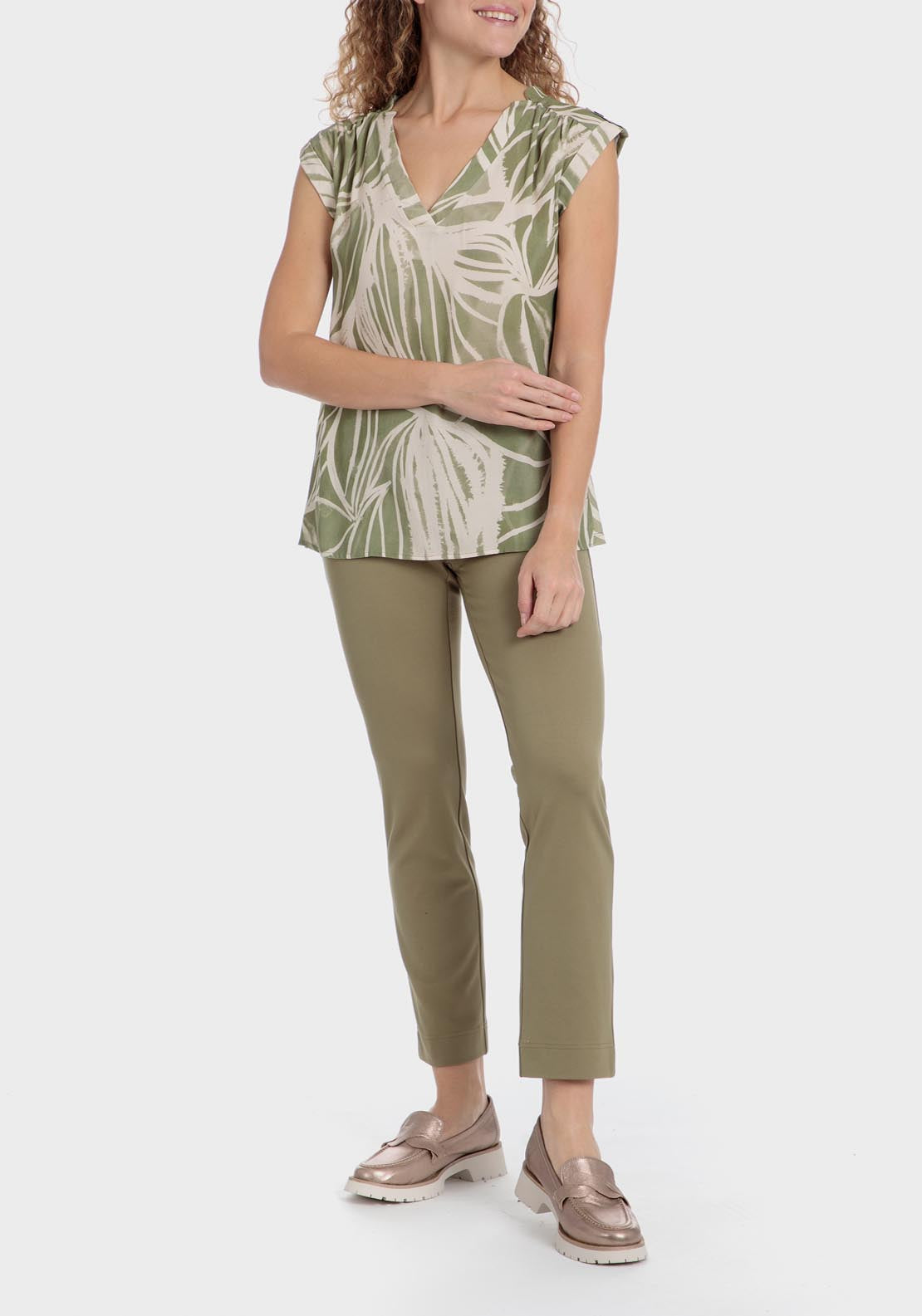 Punt Roma V Neck Leaf Printed T-Shirt - Green 3 Shaws Department Stores