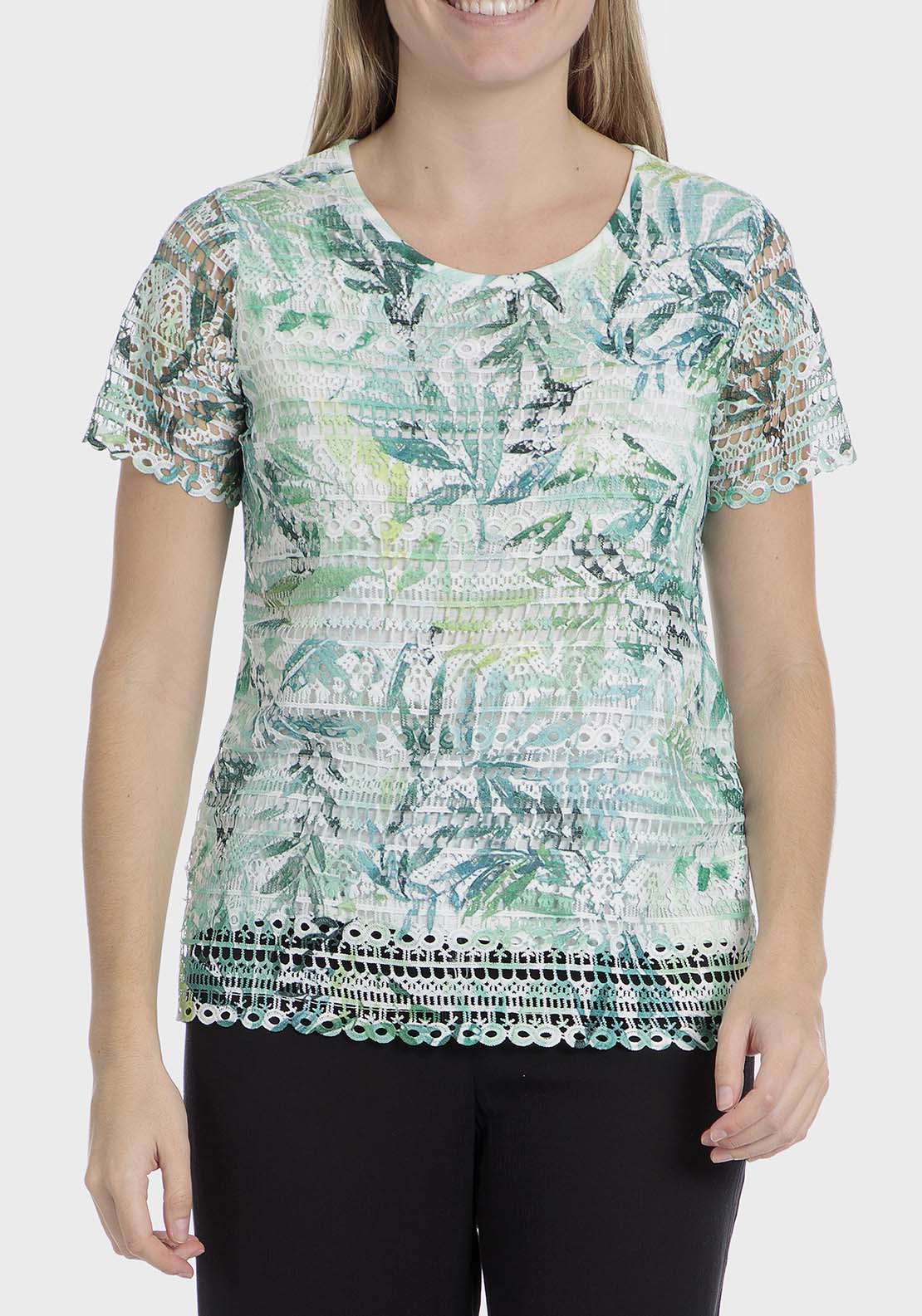Punt Roma Printed crochet t-shirt - Green 1 Shaws Department Stores