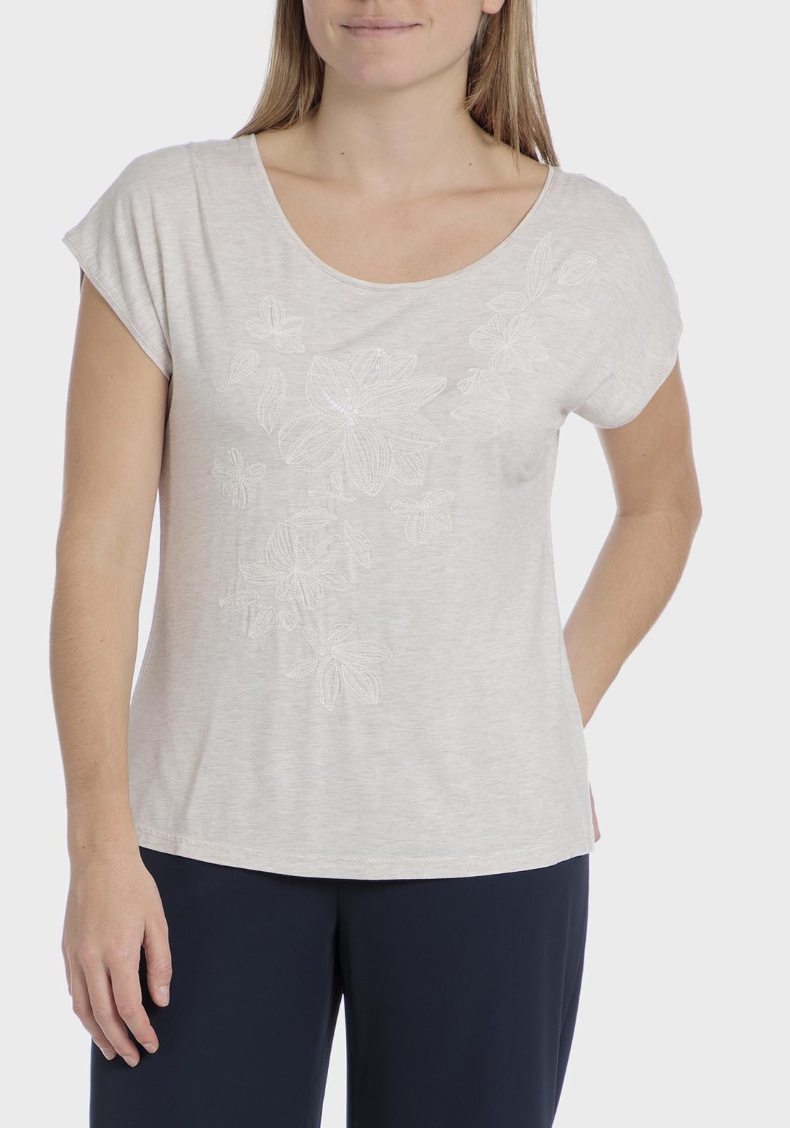 Punt Roma Sequins Embroidered T-Shirt - Beige / Grey 1 Shaws Department Stores