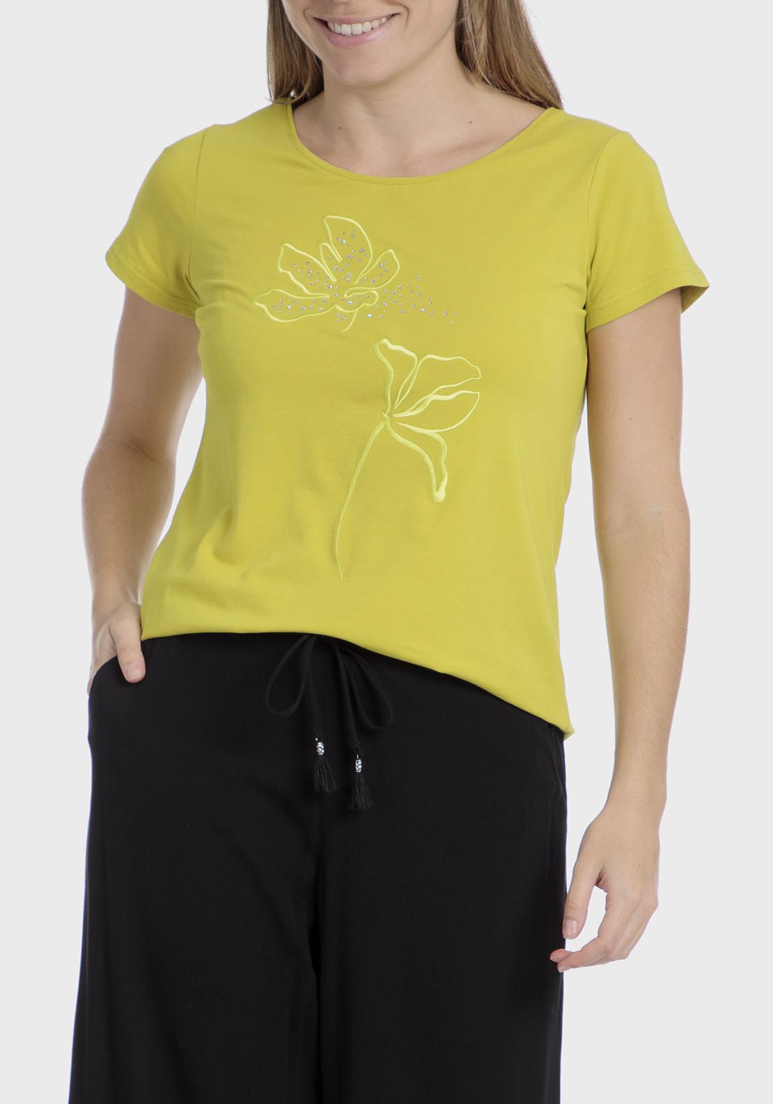 Punt Roma Floral Embroidered T-Shirt - Yellow 1 Shaws Department Stores