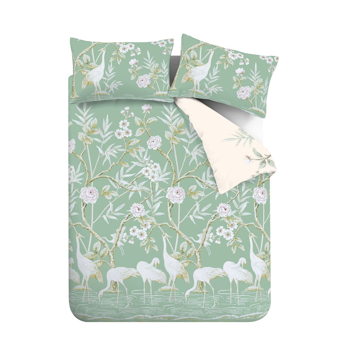 Painted Storks Cotton Duvet Cover Set - Natural / Green