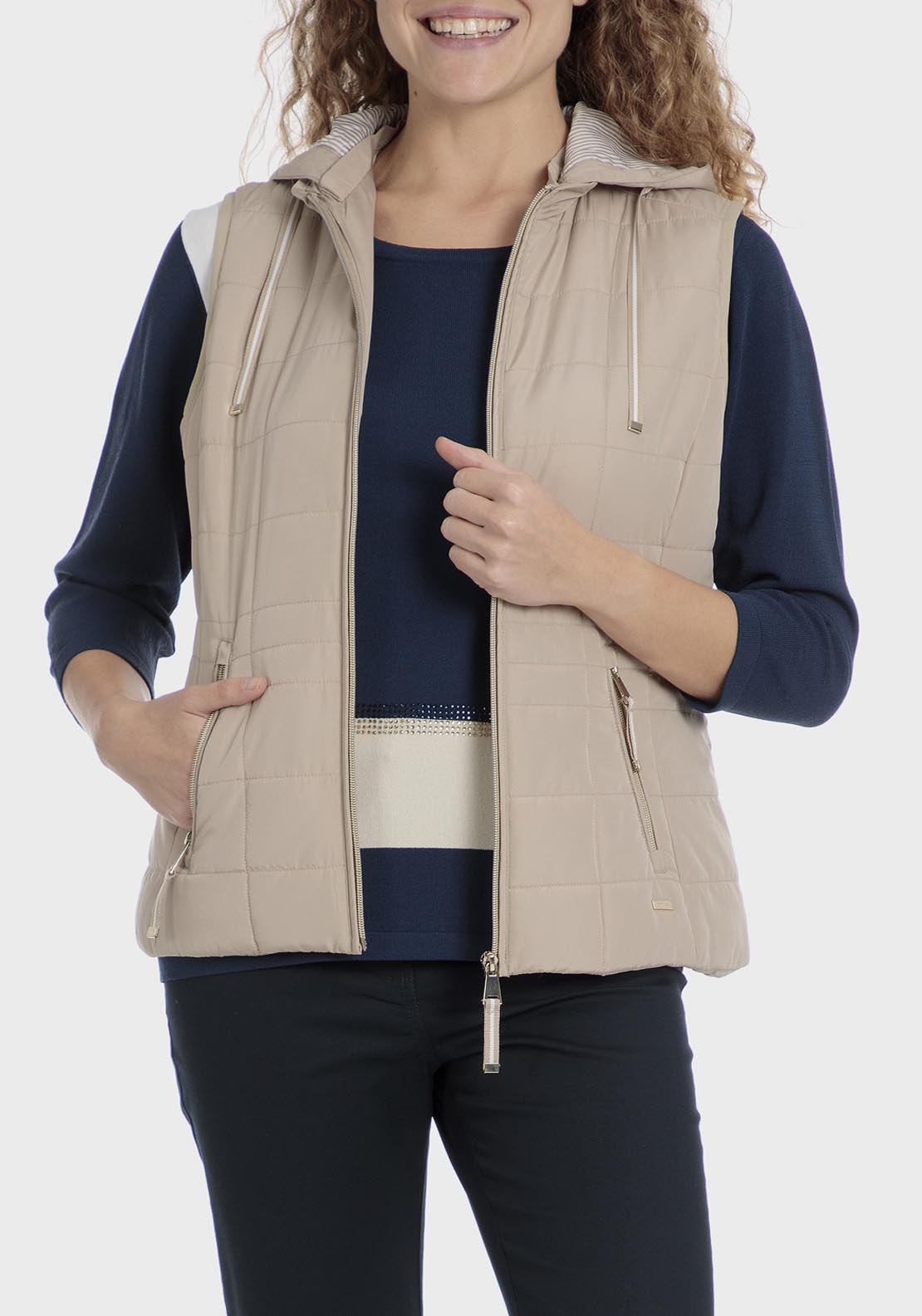Punt Roma Hooded Waistcoat - Beige / Camel 1 Shaws Department Stores