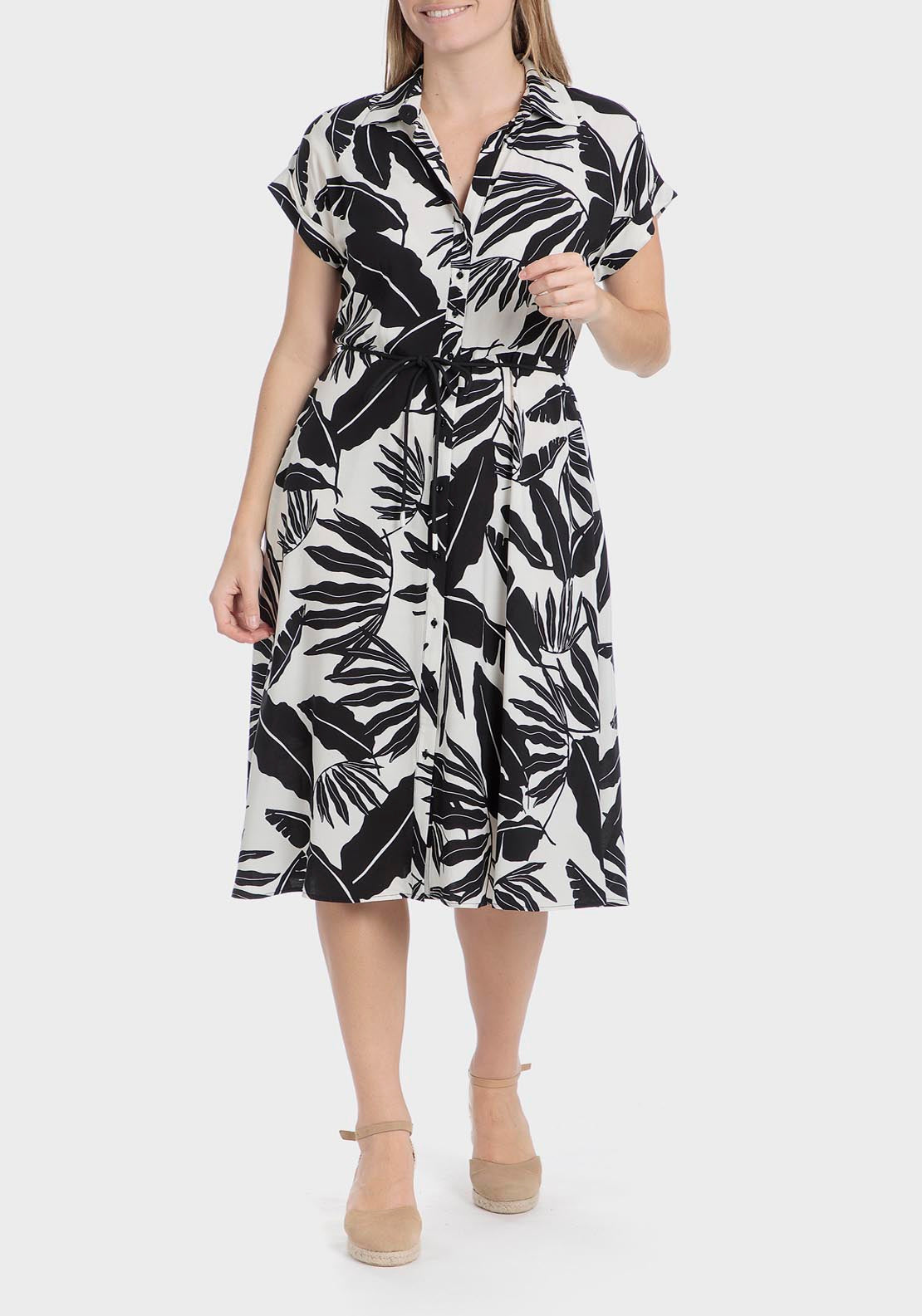 Punt Roma Leaves Print Dress - Black 1 Shaws Department Stores