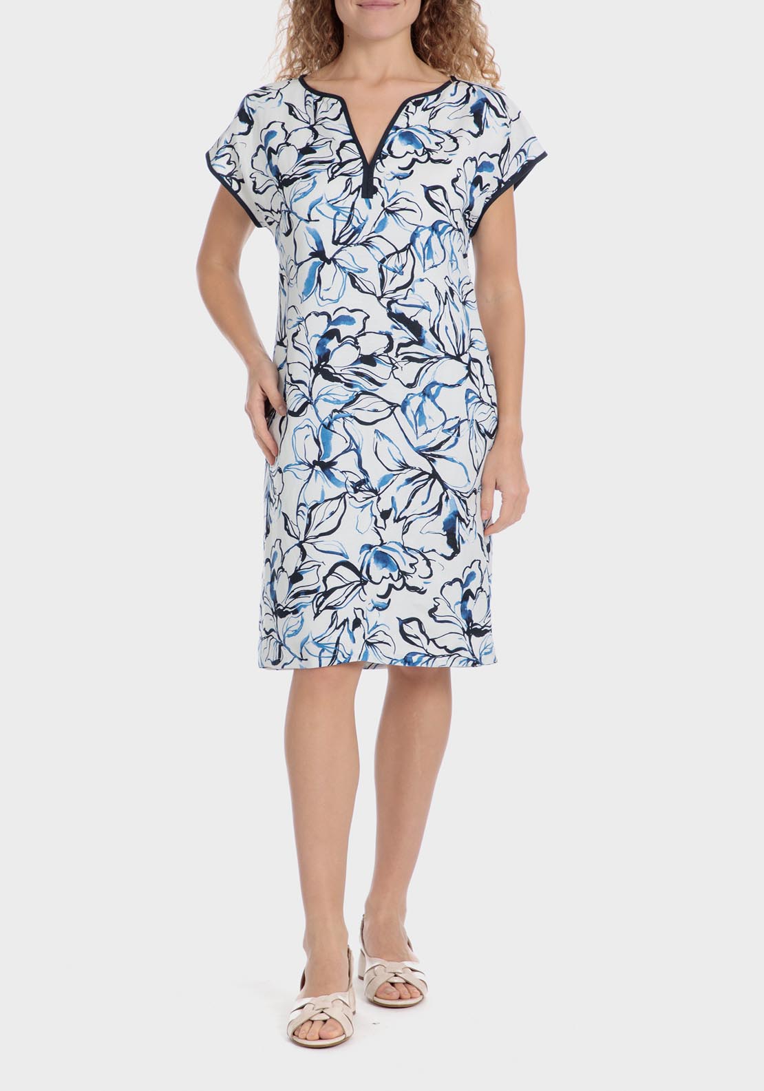 Punt Roma Printed Linen Blend Dress - Blue / Navy 1 Shaws Department Stores