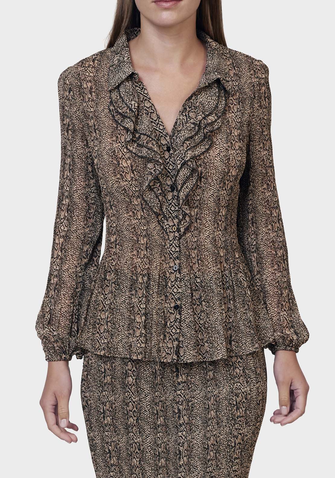Punt Roma Printed Pleated Shirt - Brown 1 Shaws Department Stores