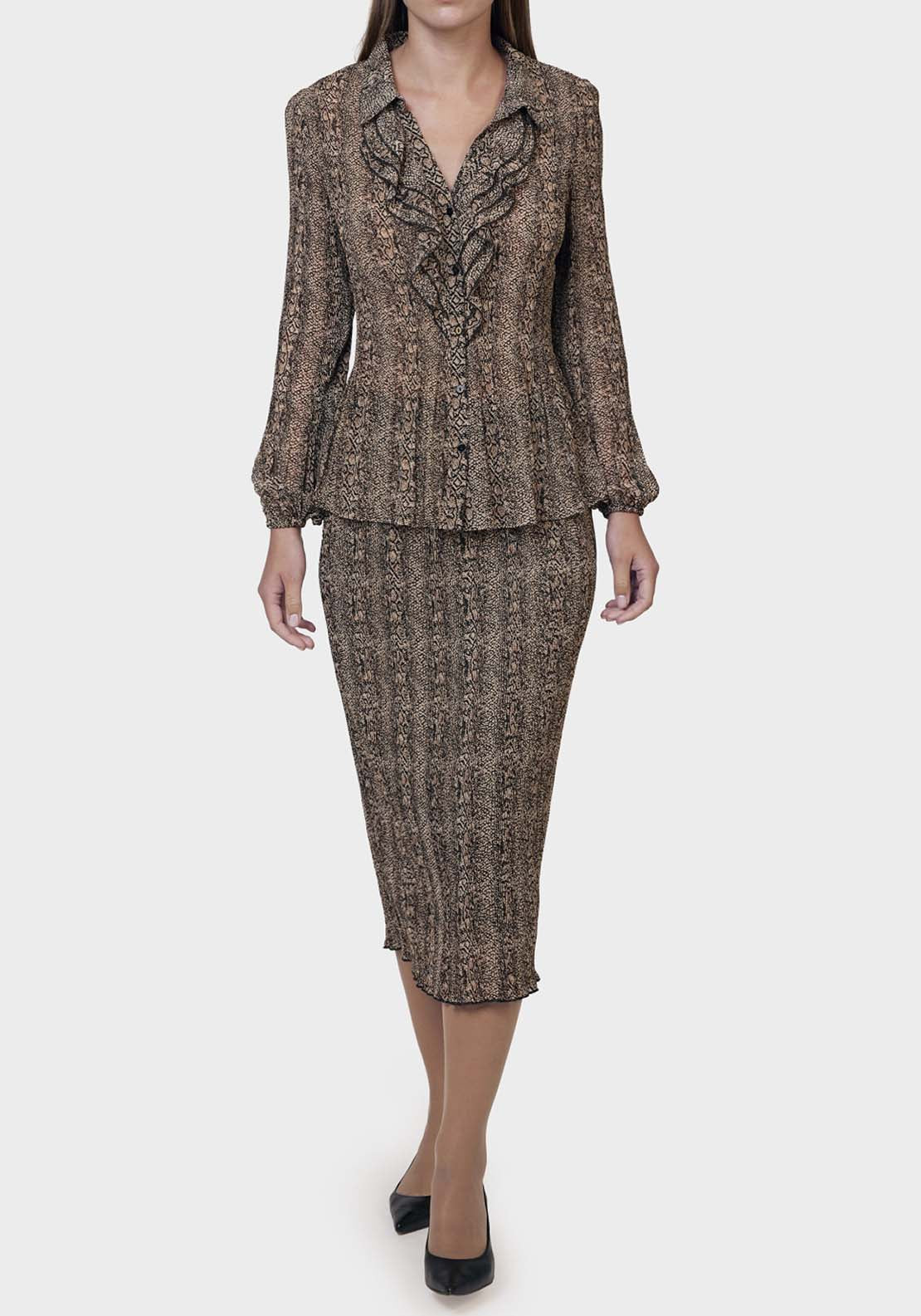 Punt Roma Printed Pleated Shirt - Brown 3 Shaws Department Stores