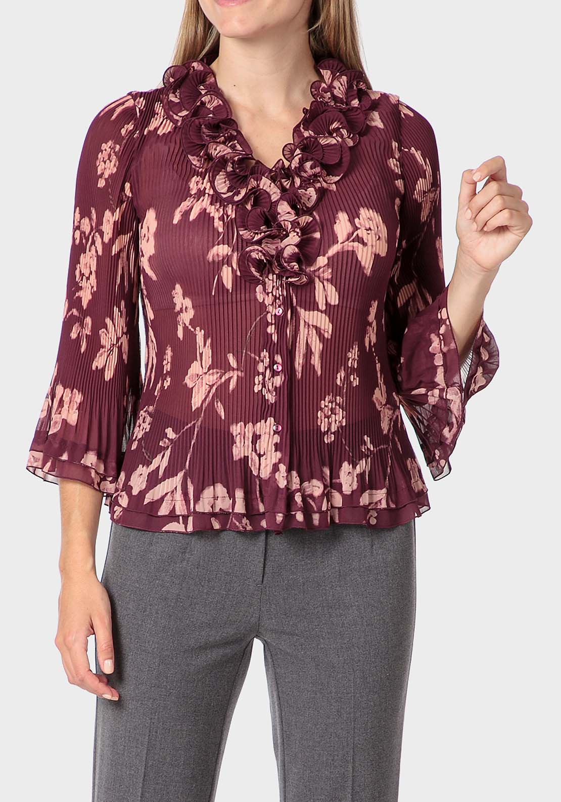 Punt Roma Printed Pleated Shirt - Red 1 Shaws Department Stores