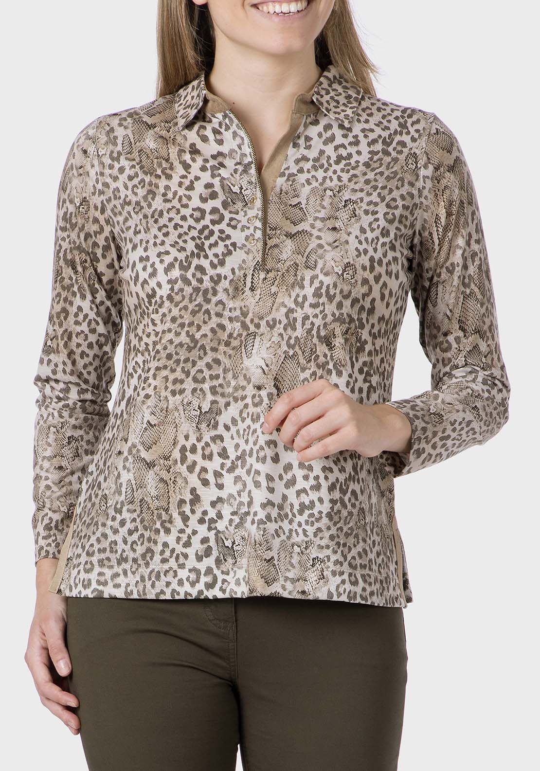 Punt Roma Long Sleeve Animal Print Polo - Beige 1 Shaws Department Stores