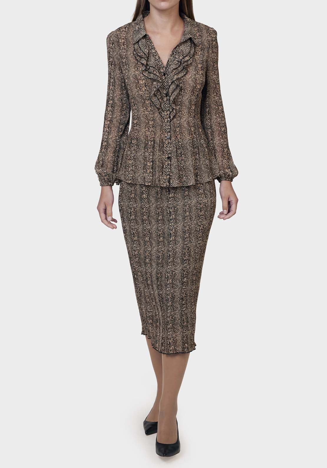 Punt Roma Pleated Printed Skirt - Brown 3 Shaws Department Stores