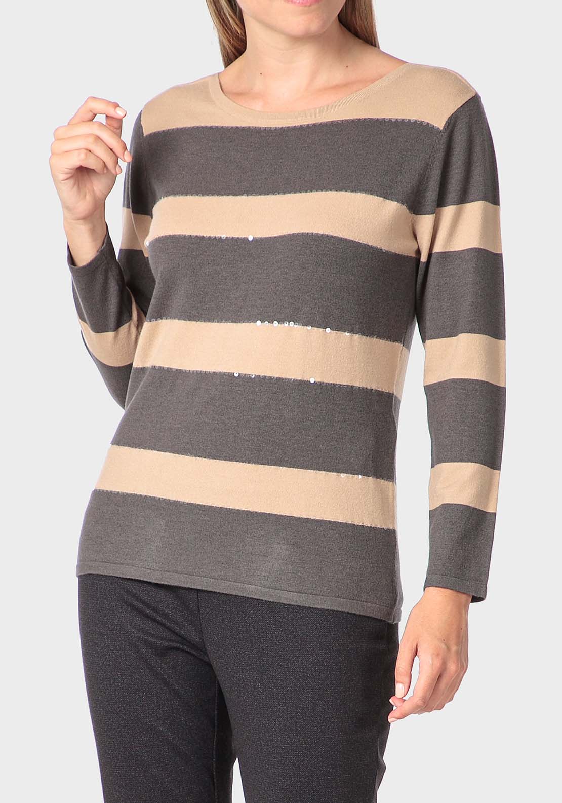 Punt Roma Striped Sweater With Sequins - Grey 1 Shaws Department Stores