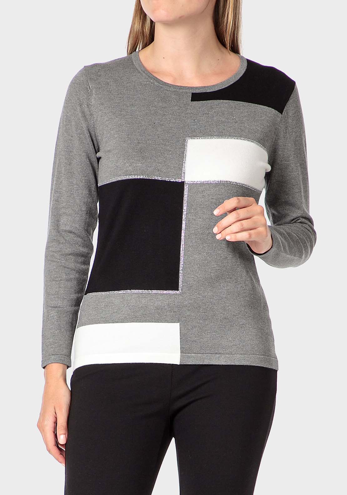 Punt Roma Rhinestone Intarsia Sweater - Grey 1 Shaws Department Stores