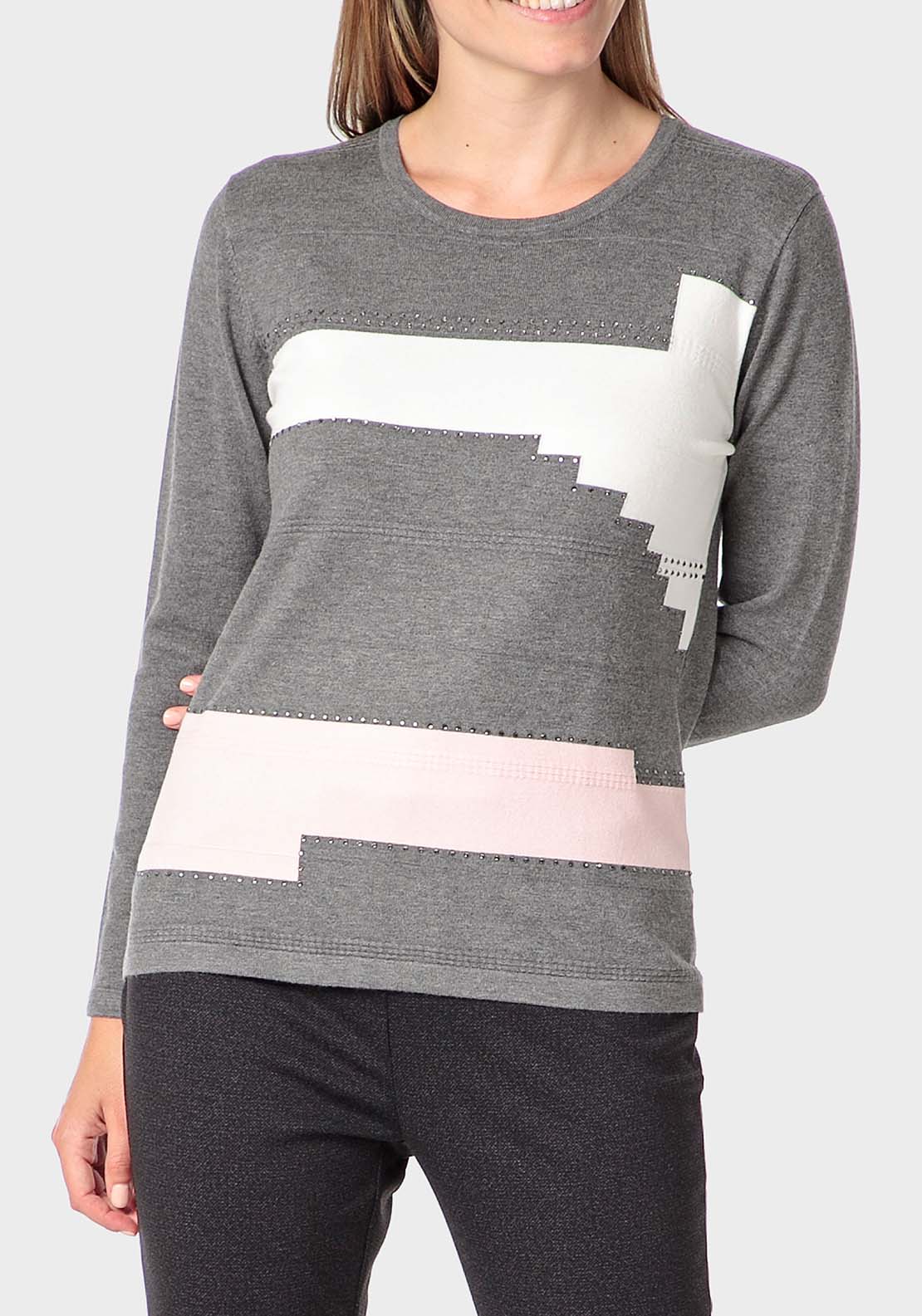 Punt Roma Rhinestone Intarsia Sweater - Grey 1 Shaws Department Stores