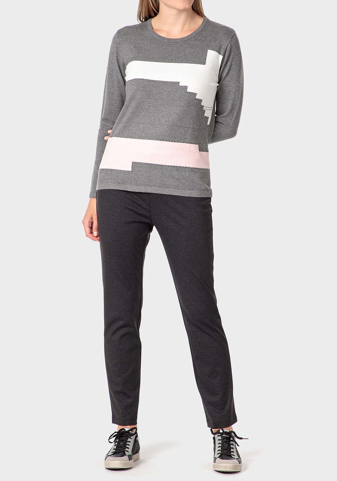 Punt Roma Rhinestone Intarsia Sweater - Grey 3 Shaws Department Stores