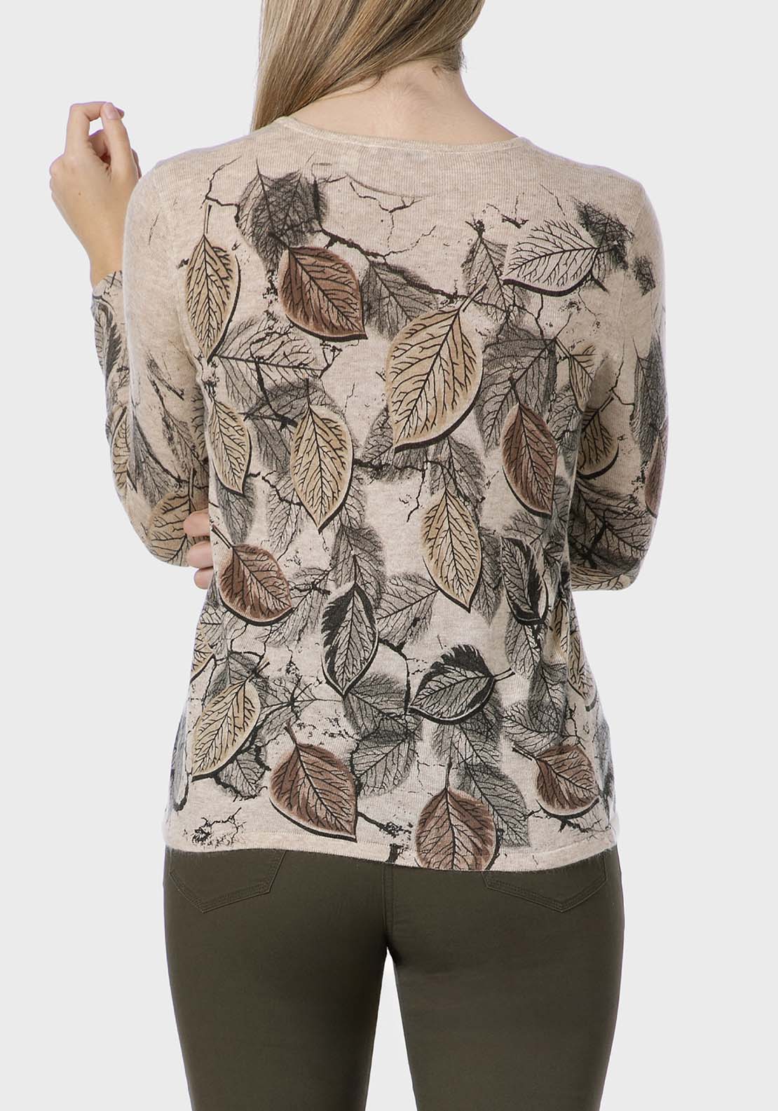Leaf Printed Sweater - Beige / Grey