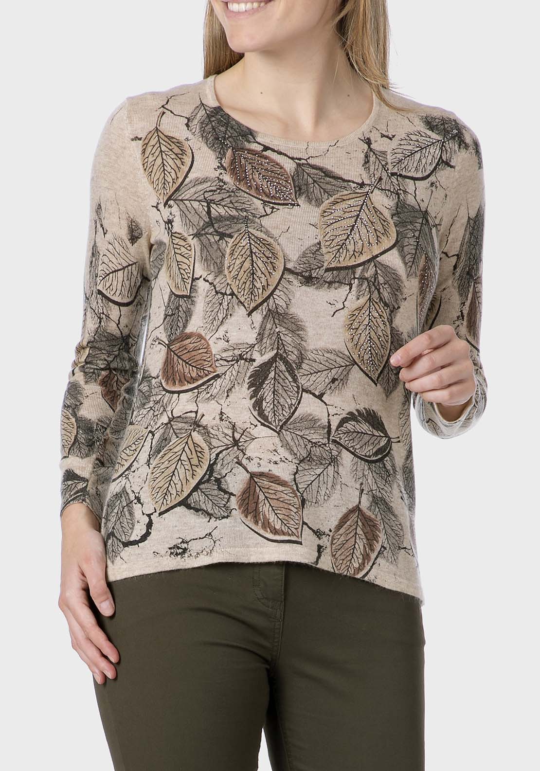 Leaf Printed Sweater - Beige / Grey