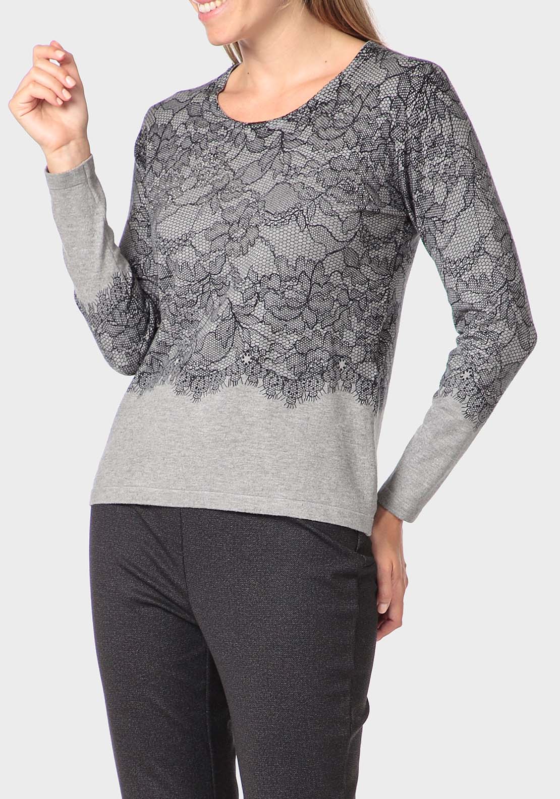 Punt Roma Floral Print Sweater - Grey 1 Shaws Department Stores