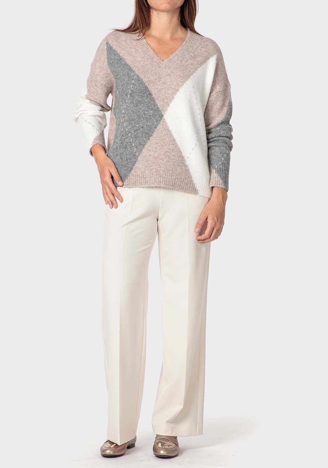Punt Roma Intarsia Sweater - Beige / Grey 3 Shaws Department Stores