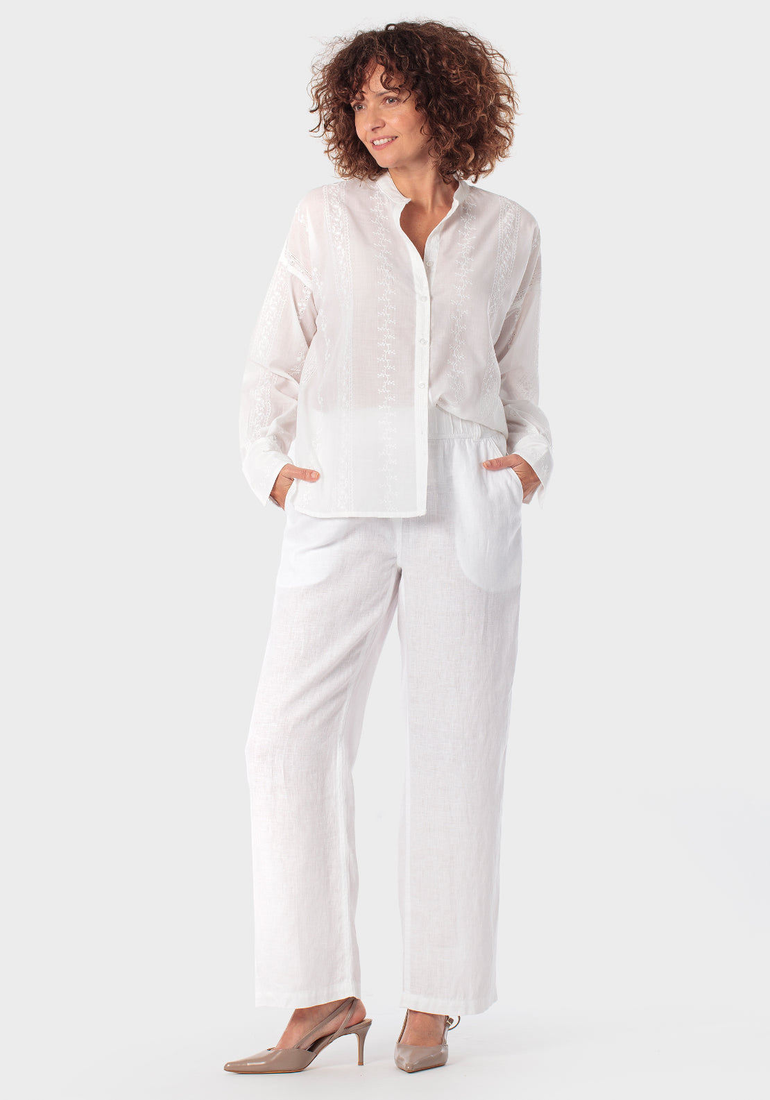 Embroidered Shirt With Mao Collar - White