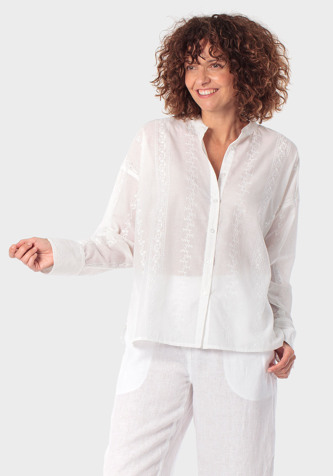 Embroidered Shirt With Mao Collar - White