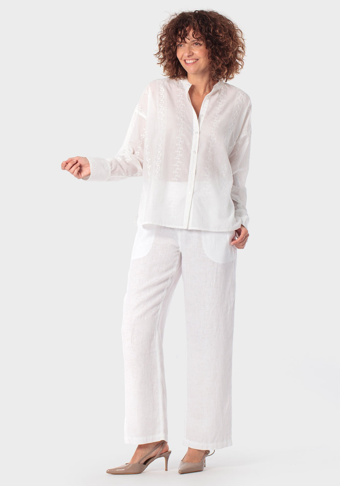 Embroidered Shirt With Mao Collar - White