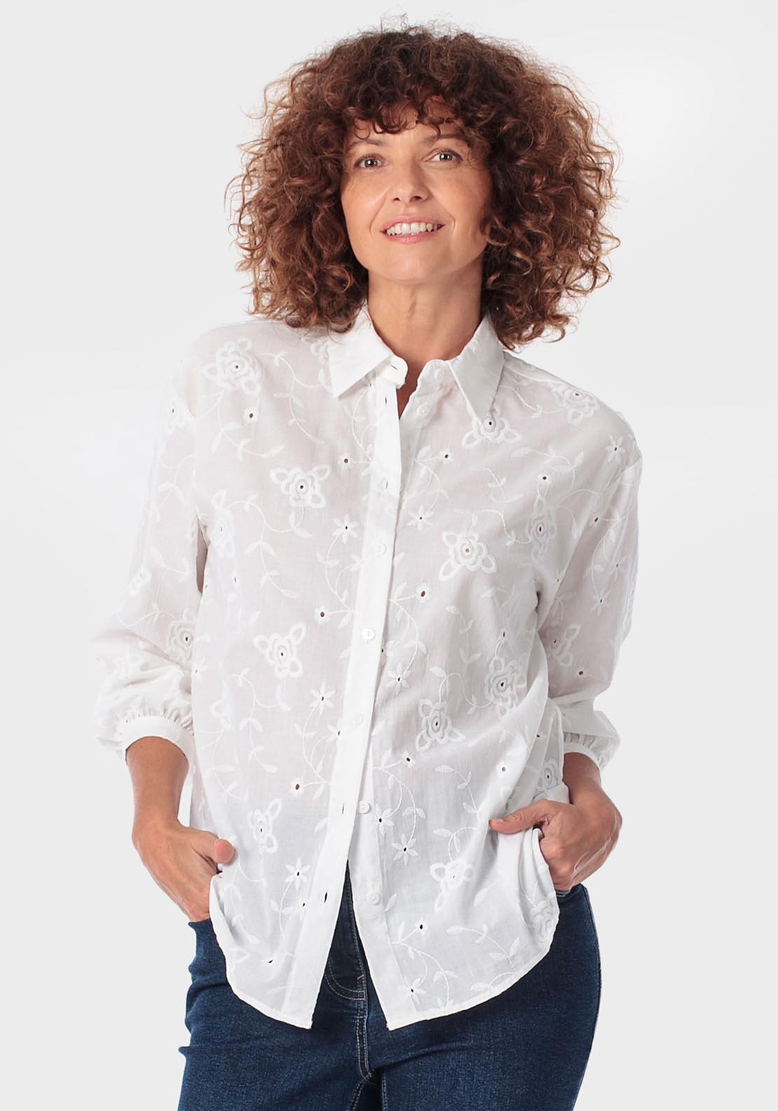 Punt Roma Embroidered Shirt - White Talc 1 Shaws Department Stores