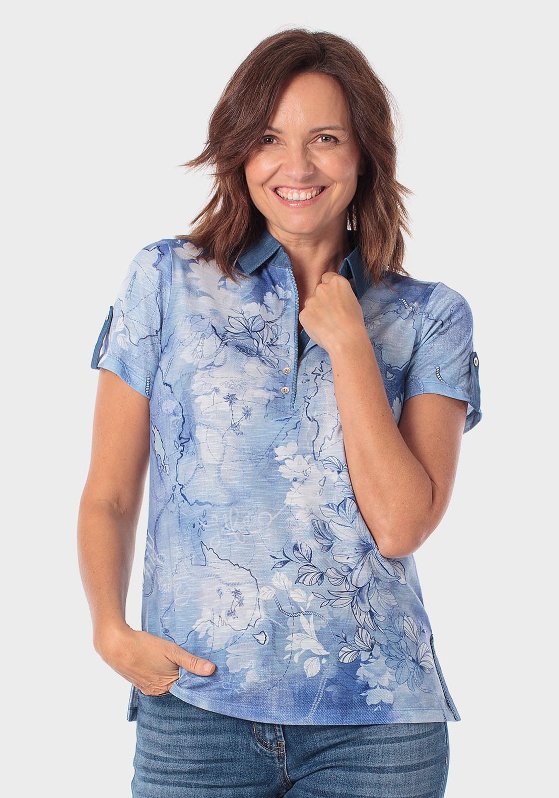 Floral Print Polo - Blue Porcelain