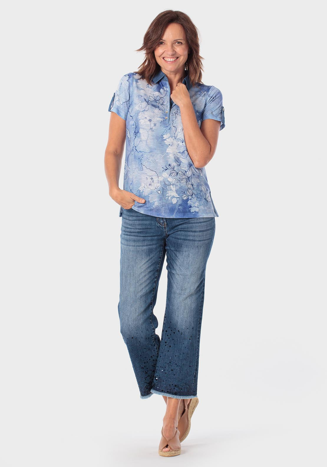 Floral Print Polo - Blue Porcelain