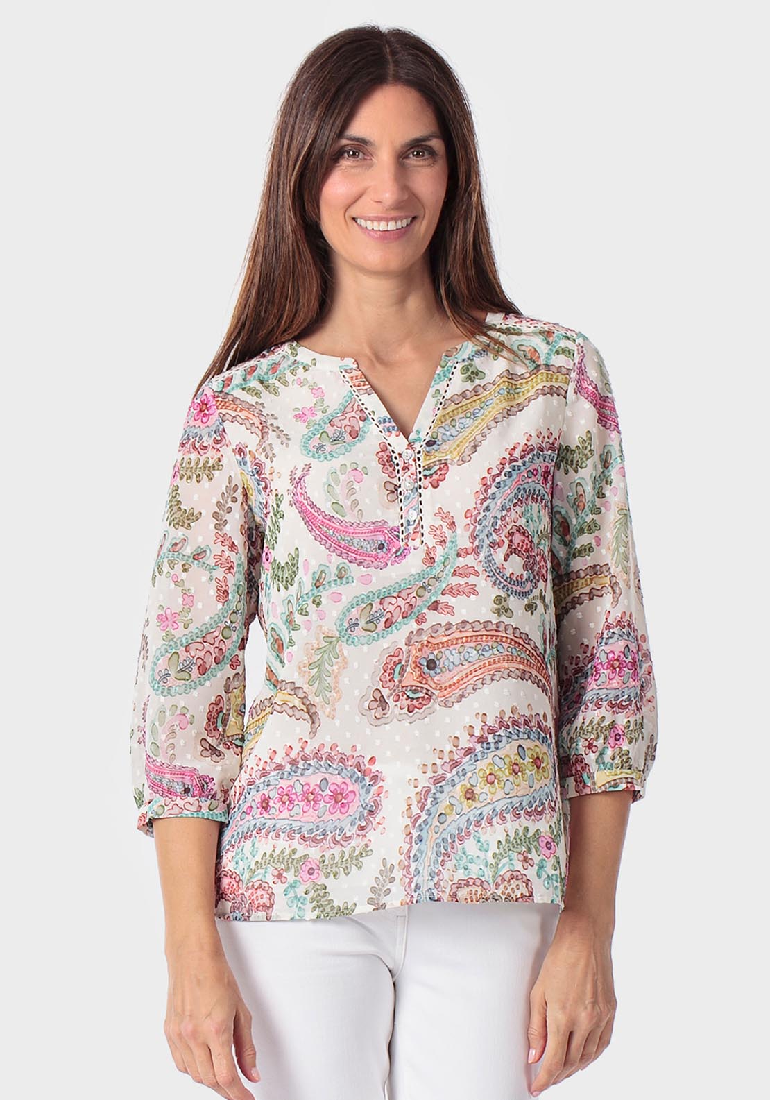 Cashmere Print Loose Fitting Blouse - Beige