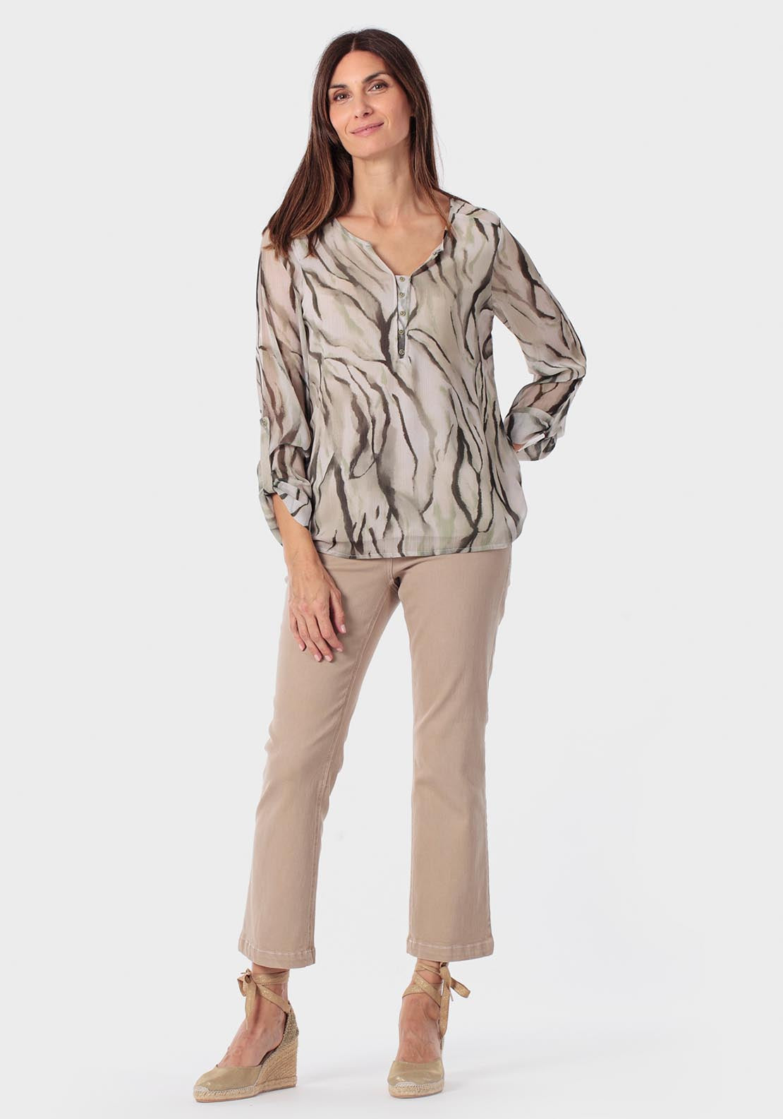 Printed Loose Fitting Blouse - Green Khaki