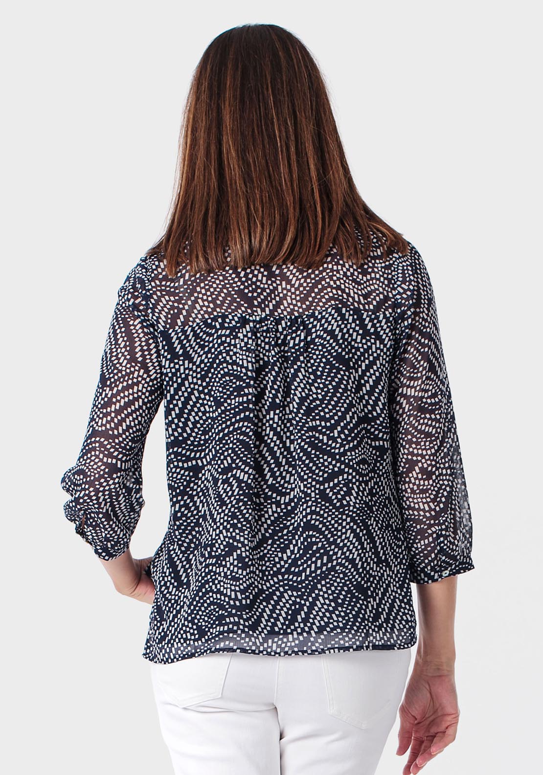 Printed Blouse With Tassel Ties - Blue Navy