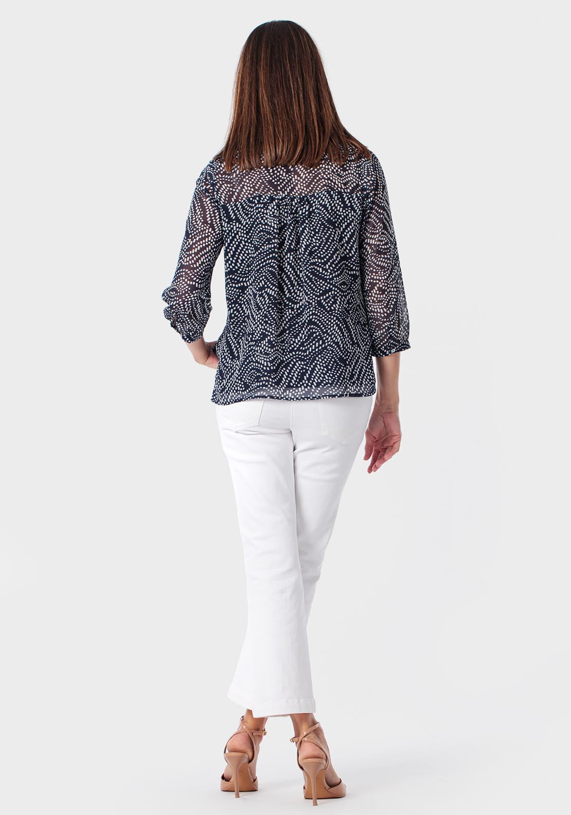 Printed Blouse With Tassel Ties - Blue Navy
