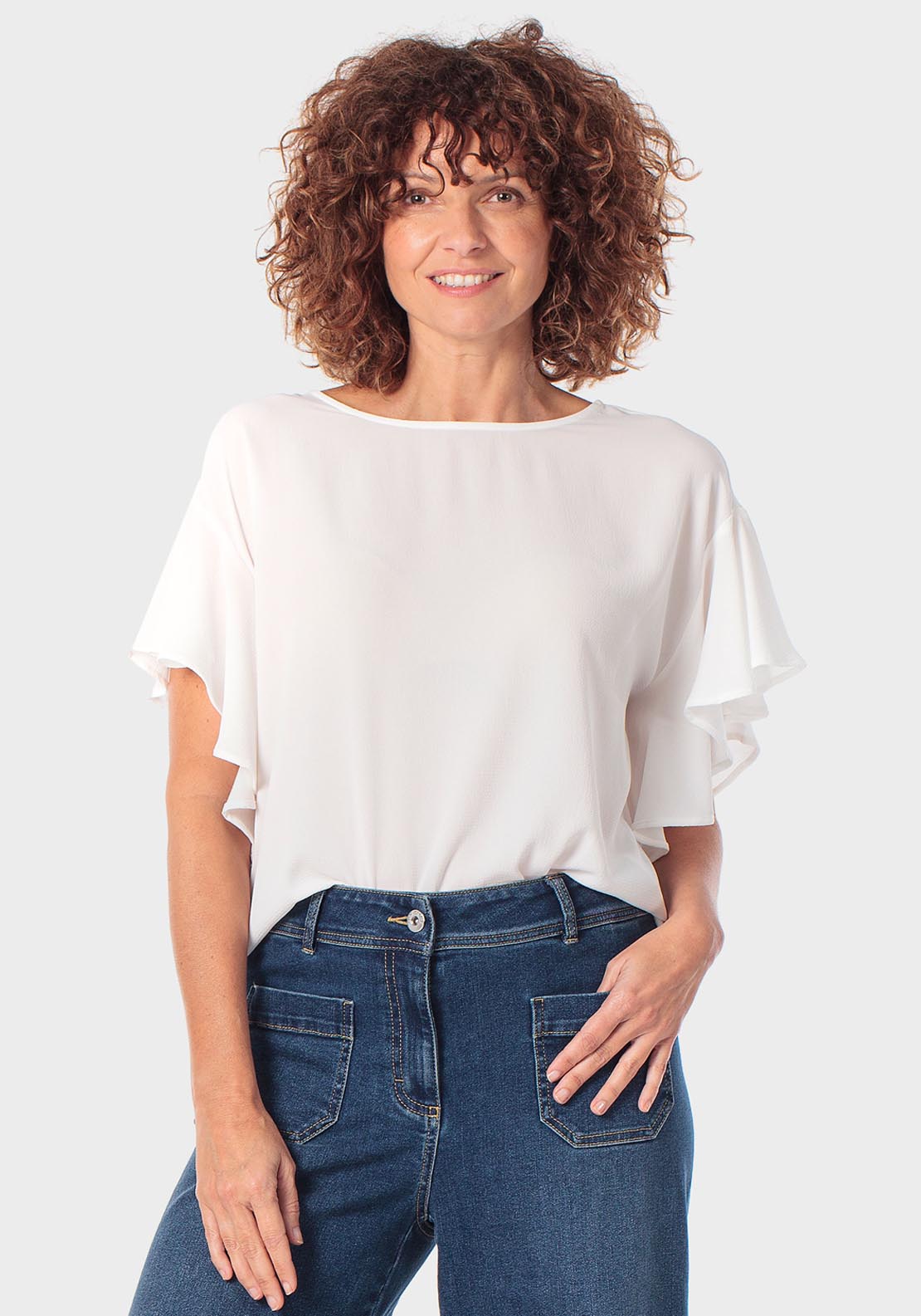 Punt Roma Ruffle Short Sleeve Top - White Talc 1 Shaws Department Stores