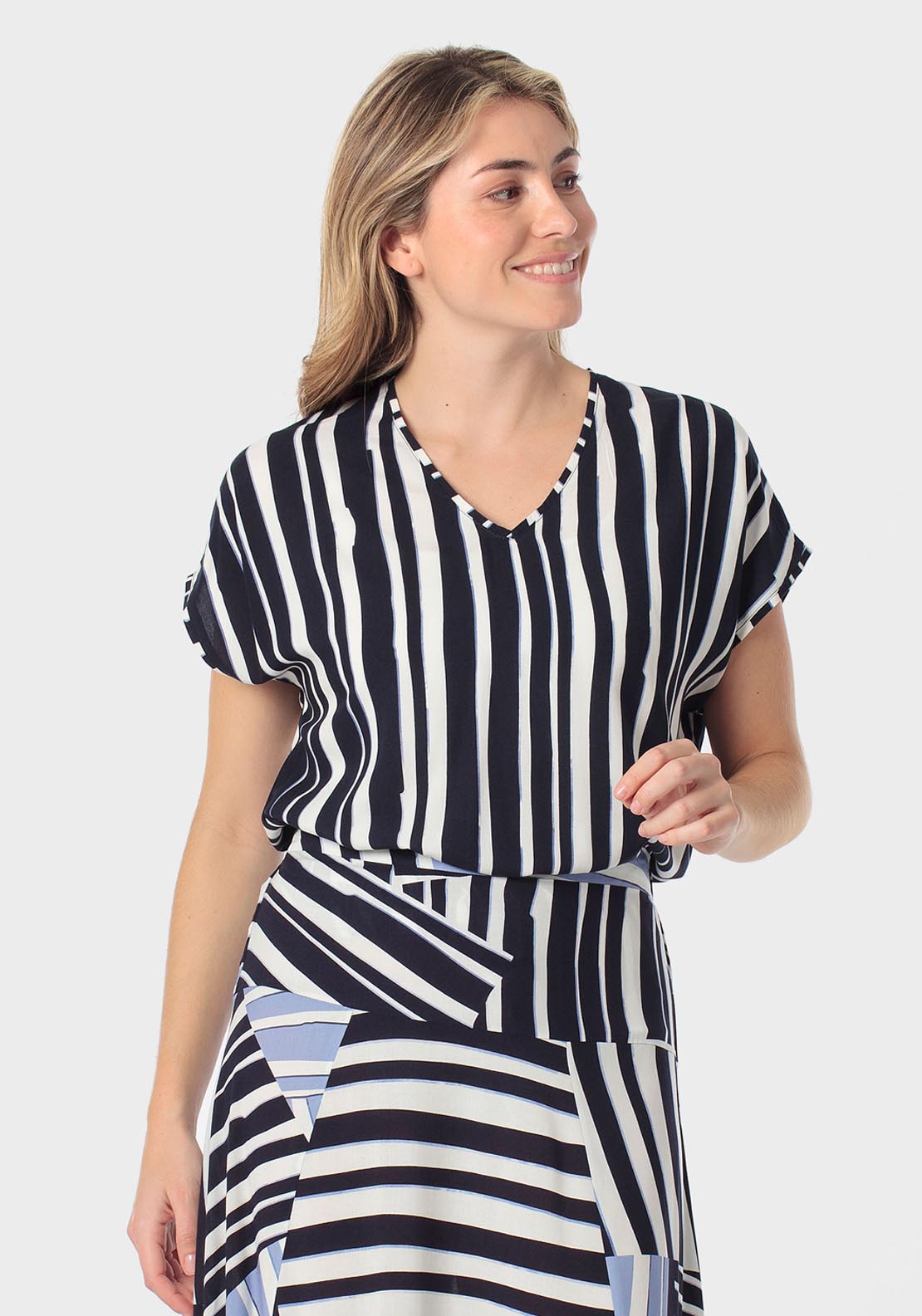 Punt Roma V-Neck Printed Blouse - Navy 1 Shaws Department Stores