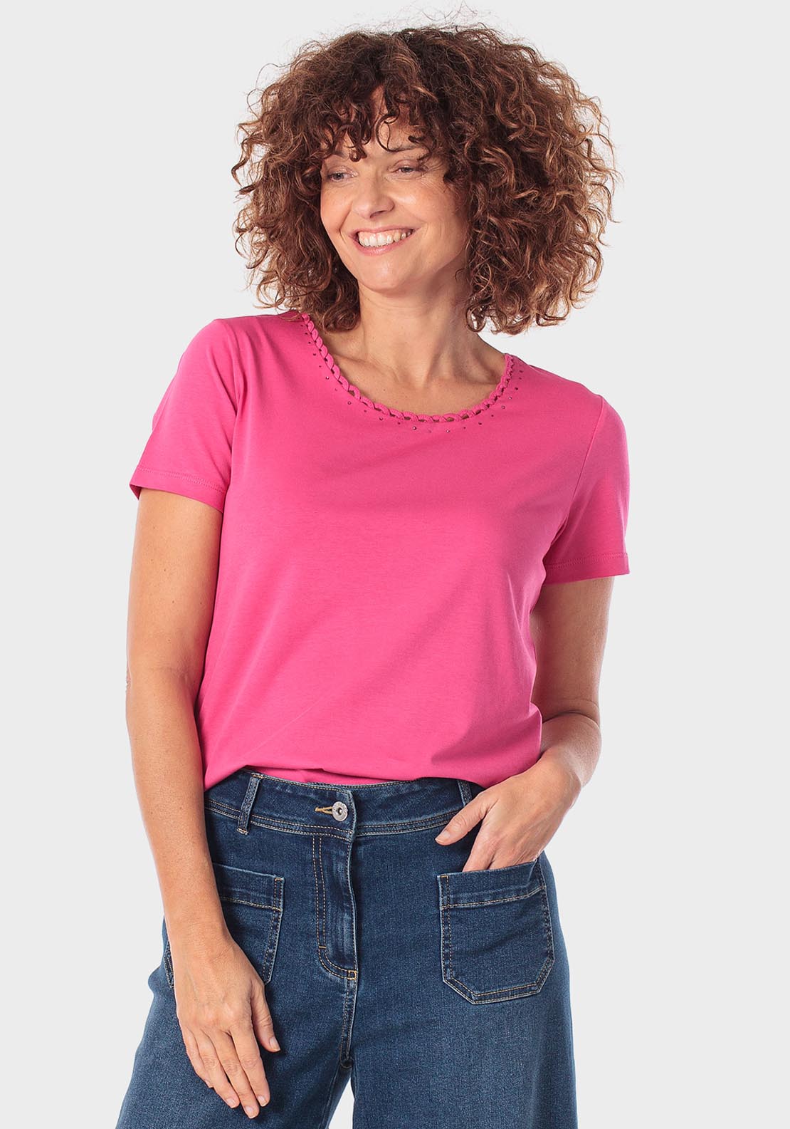 Basic T-Shirt With Gemstones - Pink Flamingo