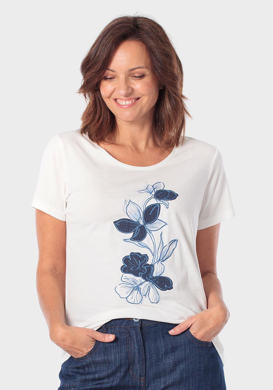 Floral Embroidered T-Shirt - White Talc